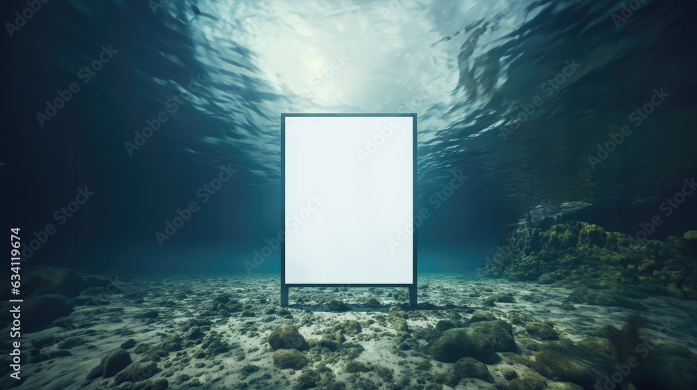 empty billboard poster underwater, for your communication campaign to raise awareness of rising sea levels and global warming, AI 