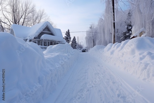 snowy driveway with cleared path and piled snow © altitudevisual