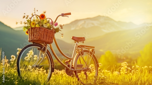 Bicycle with a wicker basket in a Beautiful spring landscape with colorful wildflowers in a green meadow, mountain background, at sunset.Generative AI