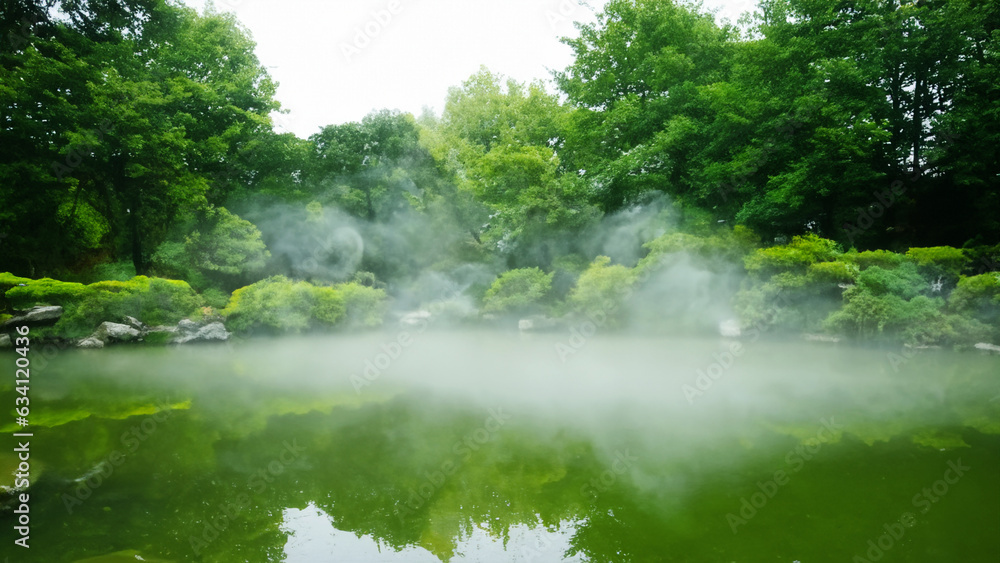 Rain in the Japanese garden Zen style 3D illustration