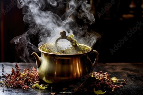 steeping tea leaves with steam coming off water