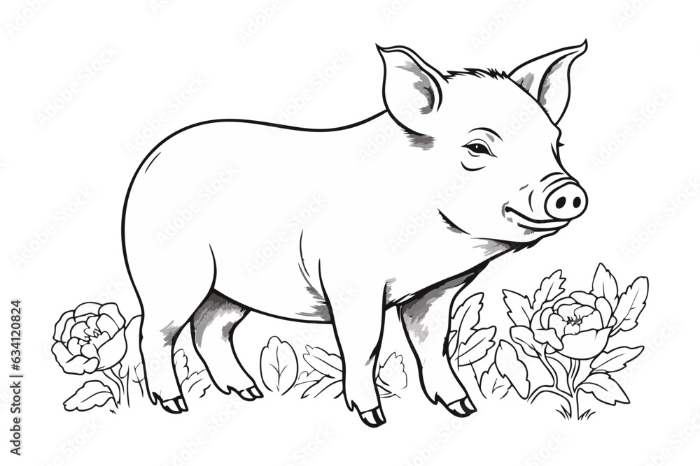 Fototapeta premium Pig pencil drawing coloring book. Vector illustration