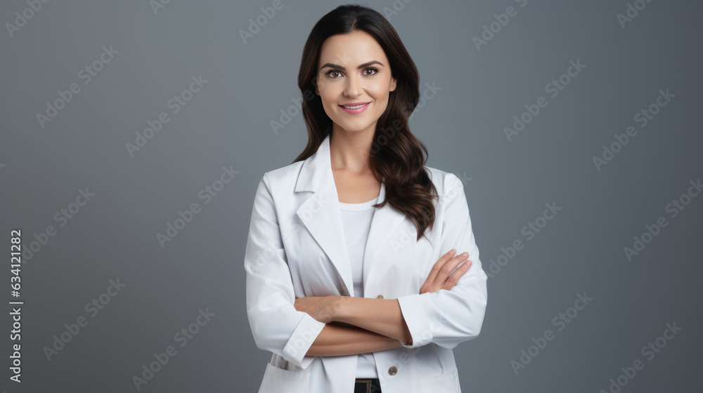 Friendly smiling doctor with crossed arms crossed wearing lab coat, white stethoscope Friendly smiling doctor with crossed arms crossed wearing lab coat, white stethoscope