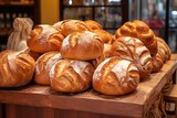 artisan bread loaves arranged in a bakery display