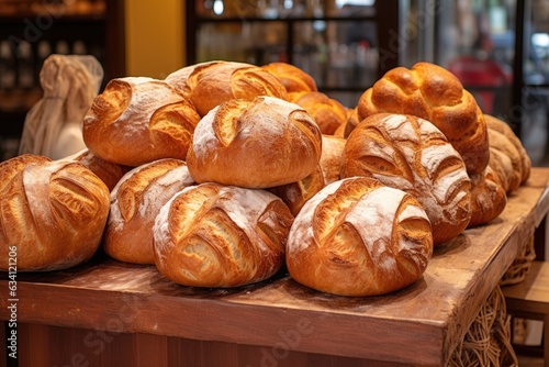 artisan bread loaves arranged in a bakery display