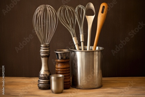 bakers tools: whisk, spatula, measuring cups