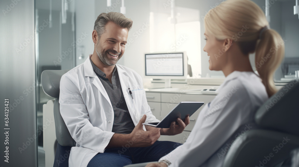 Doctor, healthcare and medicine with a patient talking test results and progress on a tablet Doctor, healthcare and medicine with a patient talking test results and progress on a tablet