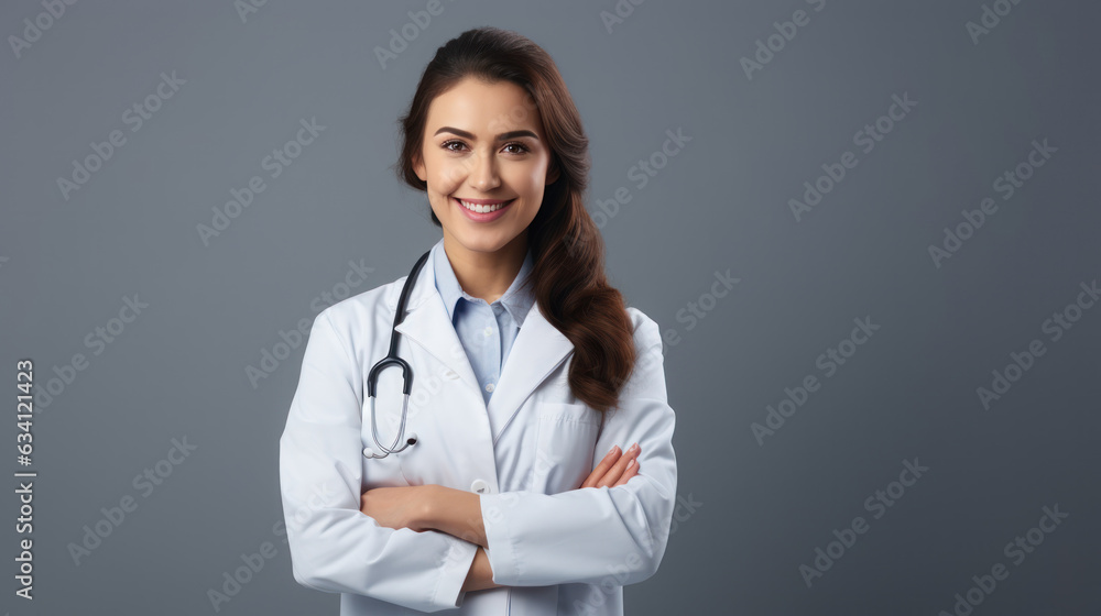 Friendly smiling doctor with crossed arms crossed wearing lab coat, white stethoscope Friendly smiling doctor with crossed arms crossed wearing lab coat, white stethoscope