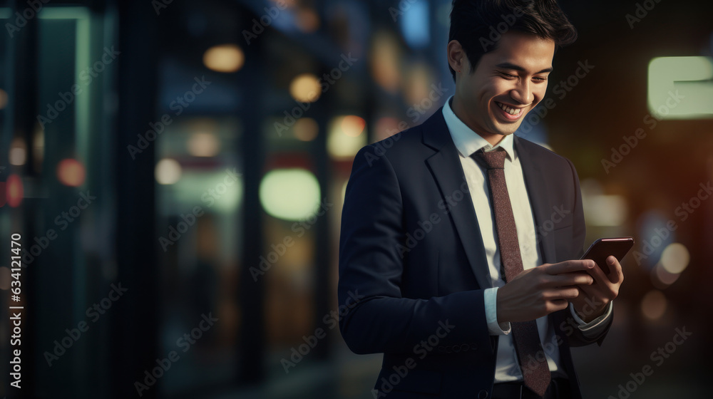 young business man wearing suit and smile using mobile phone at outside office in the city young business man wearing suit and smile using mobile phone at outside office in the city