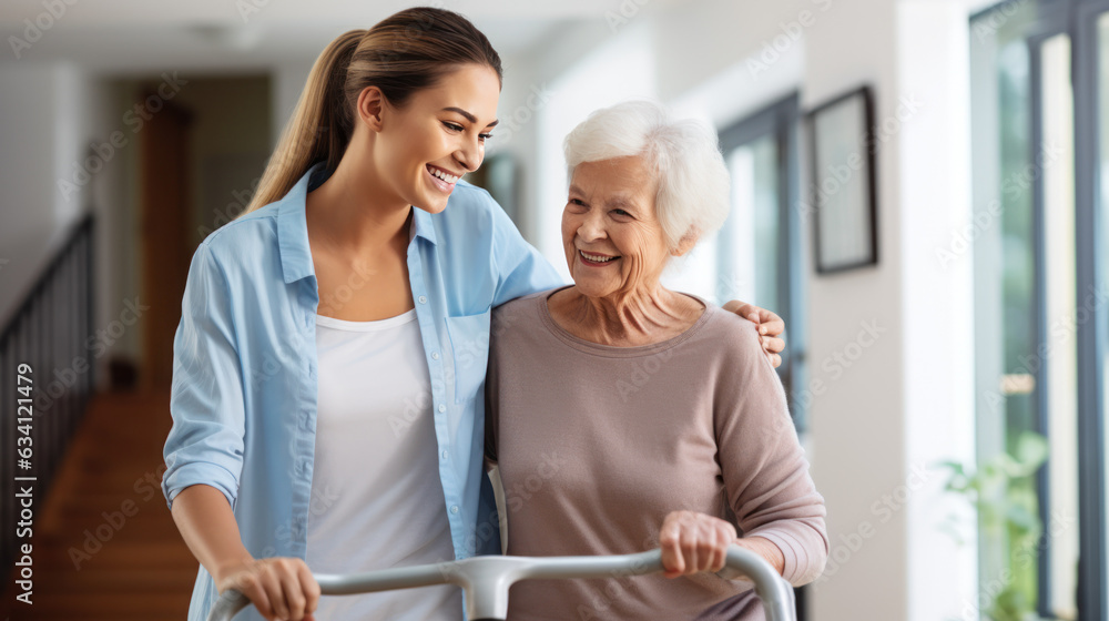 Obraz premium young caregiver helping senior woman walking walking