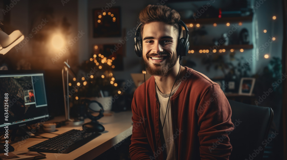 Content creator at work smile in the house studio Content creator at work smile in the house studio