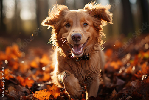 Happy golden retriever dog on a walk in an autumn forest © Veniamin Kraskov