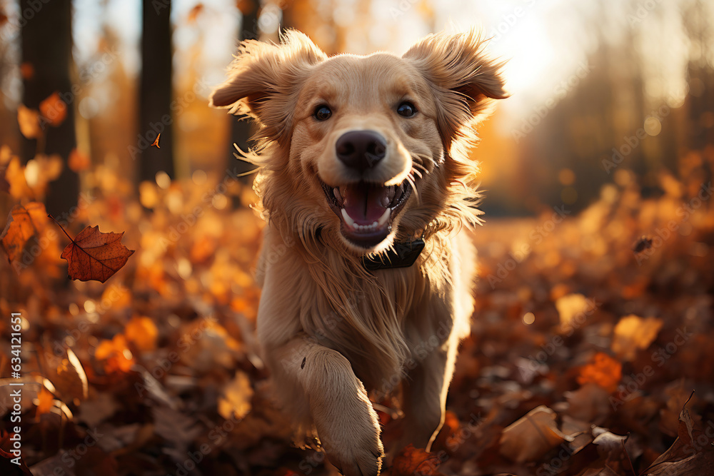 Happy golden retriever dog on a walk in an autumn forest