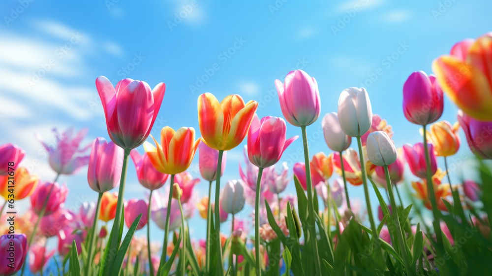 Field of colorful tulips in bloom