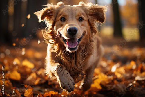 Happy golden retriever dog on a walk in an autumn forest © Veniamin Kraskov