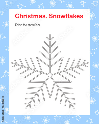 Snowflake simple outline cartoon coloring page vector illustration, winter holiday Christmas and New Year printable educational or leisure game, activity worksheet for kids, teacher resources