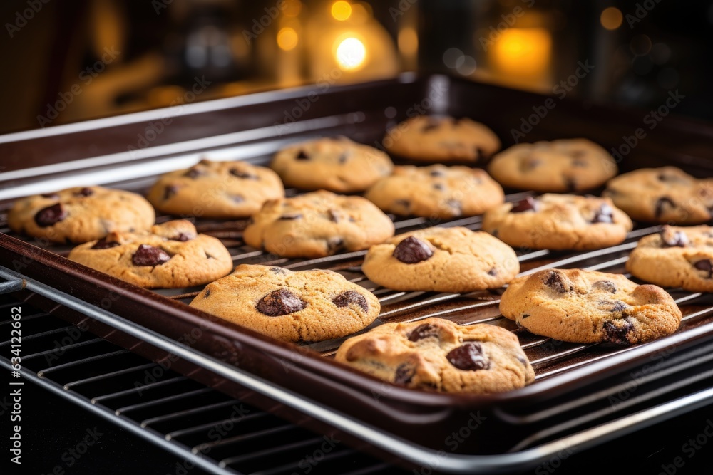 freshly baked cookies cooling on a tray from toaster oven freshly baked cookies cooling on a tray from toaster oven