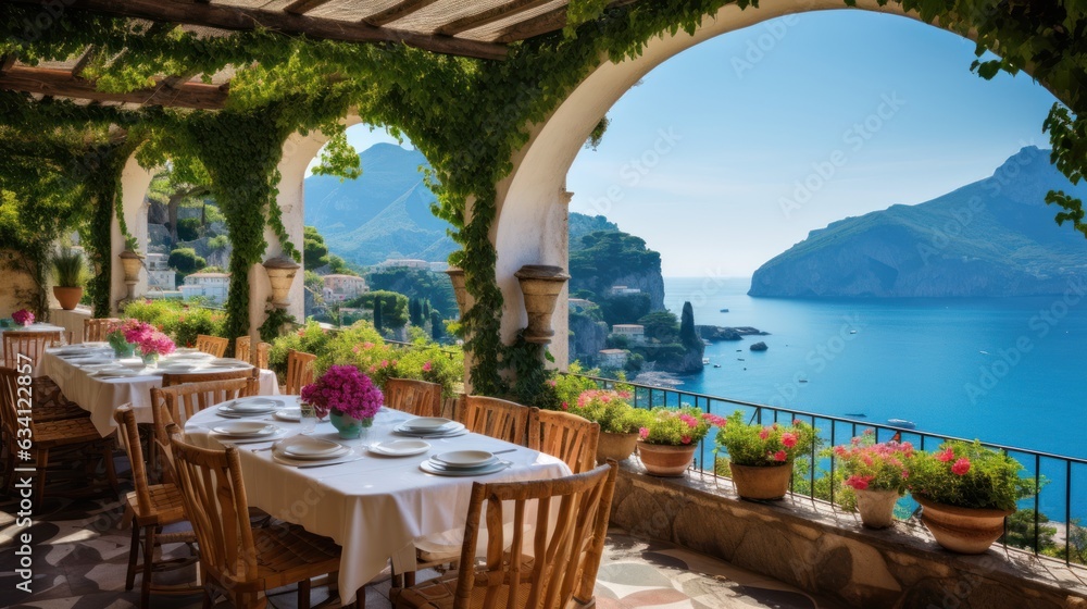 Exquisite villa perched on the stunning Amalfi Coast of Italy, offering unparalleled vistas of the glistening Mediterranean Sea and terraced cliffs