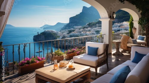 Exquisite villa perched on the stunning Amalfi Coast of Italy  offering unparalleled vistas of the glistening Mediterranean Sea and terraced cliffs