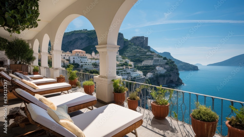 Fototapeta premium Exquisite villa perched on the stunning Amalfi Coast of Italy, offering unparalleled vistas of the glistening Mediterranean Sea and terraced cliffs