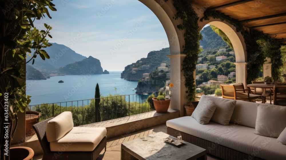 Exquisite villa perched on the stunning Amalfi Coast of Italy, offering unparalleled vistas of the glistening Mediterranean Sea and terraced cliffs