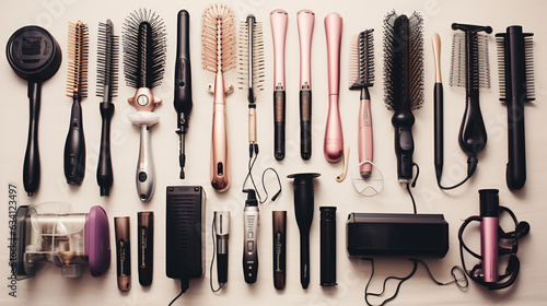 knolling, Hair Styling Tools: Hairdryer, flat iron, curling wand, and hairbrushes organized for hairstyling