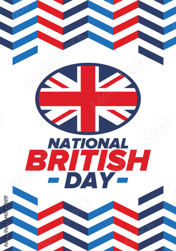 National British Day. Happy holiday, celebrated annual. Great Britain flag. British fame and glory. United Kingdom patriotic elements. Festival and parade design. Vector poster illustration