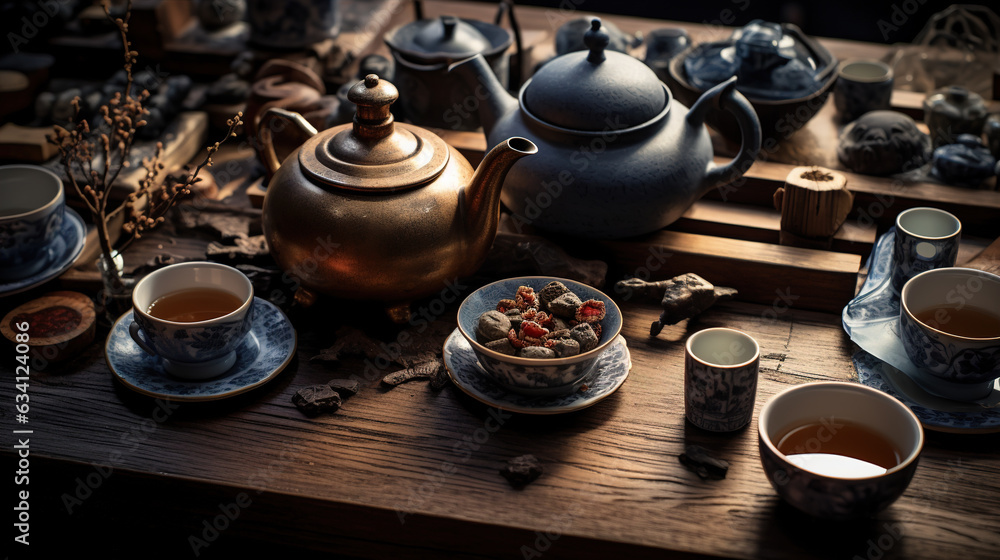 knolling, Tea Station: Teapots, tea cups, loose tea, and a teapot cozy creating a serene tea corner