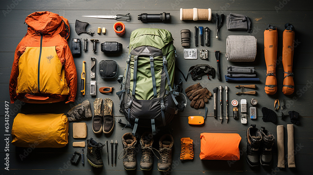 knolling, Outdoor Adventure Gear: Backpacks, compasses, water bottles, and hiking boots arranged for an outdoor adventure knolling, Outdoor Adventure Gear: Backpacks, compasses, water bottles, and hiking boots arranged for an outdoor adventure