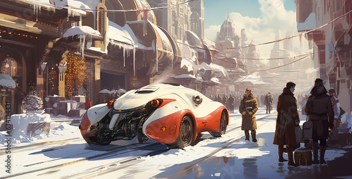 people walking on the street in winter and 1940s retro future sci-if roadster.Generative Ai content