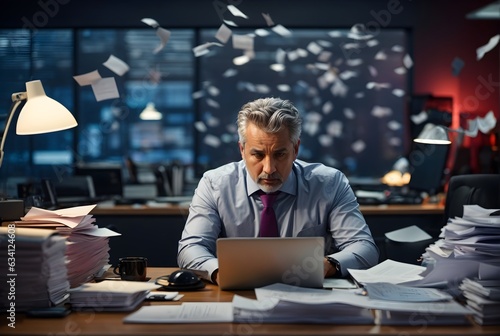 Handsome frustrated bussines man with grey hair sitting in his Office with piles of paperwork around, bussines concept, ai generative content 