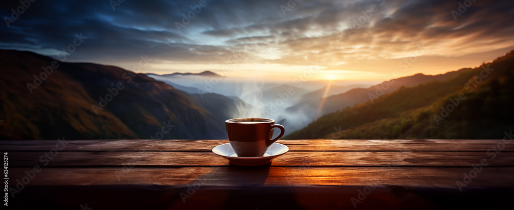 A cup of hot morning coffee with steam on a wooden table against a background of sunrise scene in the mountains. Wide scale panoramic image created by Generative AI - obrazy, fototapety, plakaty 