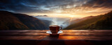 A cup of hot morning coffee with steam on a wooden table against a background of sunrise scene in the mountains. Wide scale panoramic image created by Generative AI