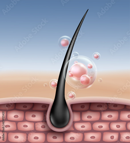 Hair treatment or Nourish hair with shampoo and conditioner. Make the scalp clean to the skin cell layer. Vector illustration to advertise shampoo, serum, hair vitamins.