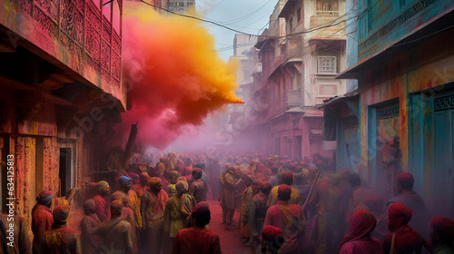 AI generated, realistic illustration of the holi festival in India. Group of smiling people, colored smiling faces with vibrant colors during the celebration of the holi festival in India. Multi-color