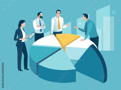 Market Share. Profit distribution. Business people discuss about the profit, investment - pie chart. Business concept illustration
