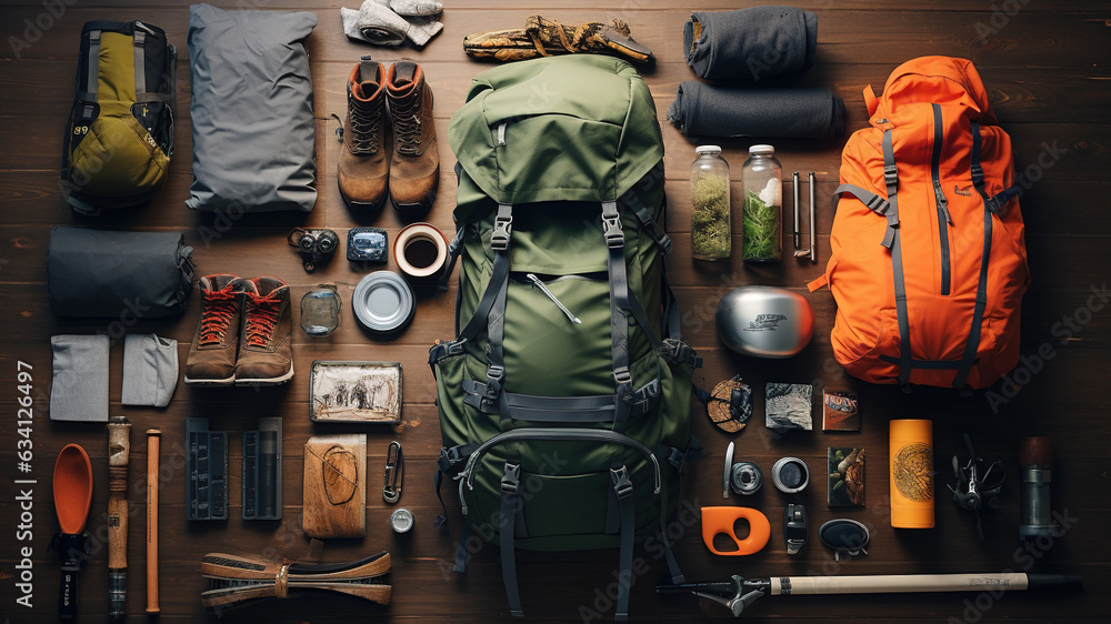 knolling, Outdoor Adventure Gear: Backpacks, compasses, water bottles, and hiking boots arranged for an outdoor adventure - obrazy, fototapety, plakaty 