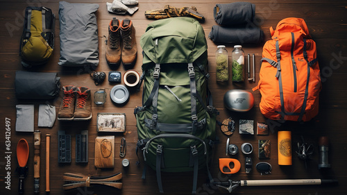 knolling, Outdoor Adventure Gear: Backpacks, compasses, water bottles, and hiking boots arranged for an outdoor adventure