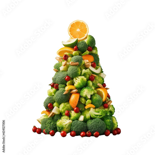 Festive tree with broccoli mandarins pomegranate seeds and cinnamon on transparent background Holiday decor and food