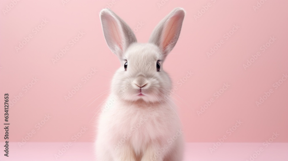 Obraz premium Cute fluffy bunny on pastel pink background.