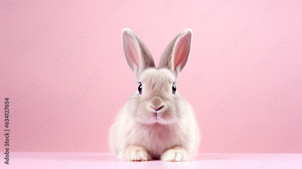 Cute fluffy bunny on pastel pink background.