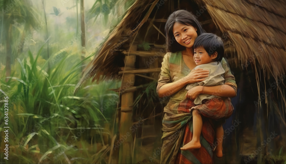 An ancient Thai mother and son hugging with thatched hut in the background and green in the background.