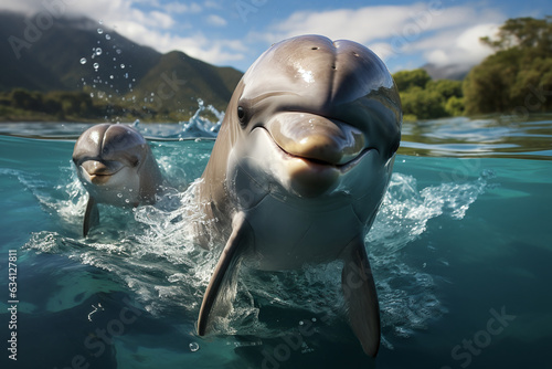 Playful cute dolphins floating on water surface © Art Gallery