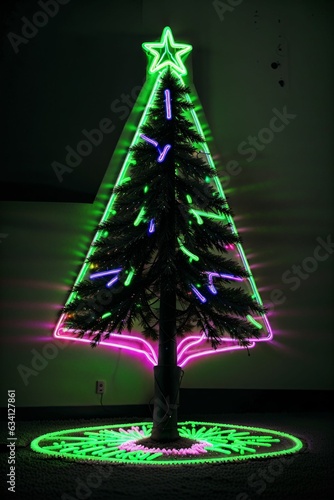 Dark christmas tree illuminated with neon lights on dark background, wallpaper christmas banner Ai generated photo