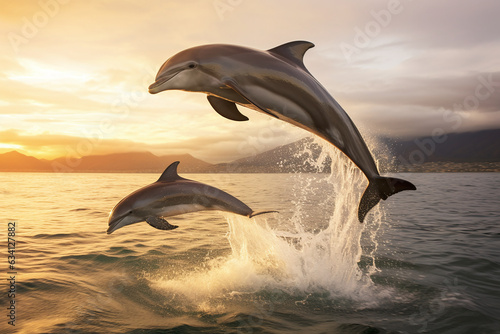 Dolphins jumping at sunset