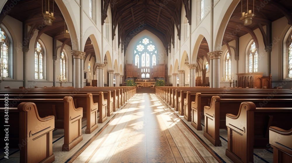 The interior decoration of the church is a classic empty interior. Created using Generative AI technology.