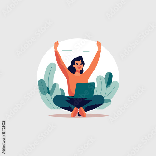 vector illustration, woman sitting with notebook on her lap in nature