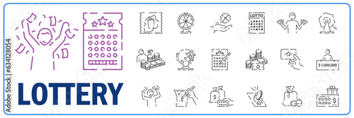 Lotto Signs Thin Line Icon Set Include of Luck Symbol, Money, Ticket and Ball. Vector illustration of Icons Lottery