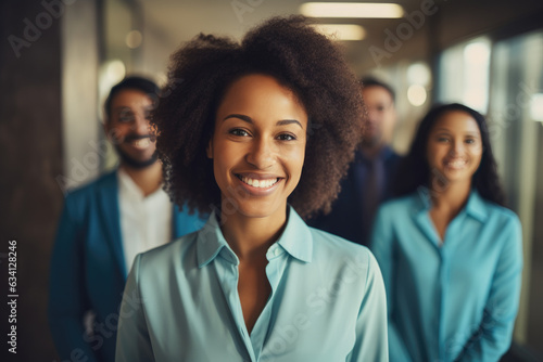 Happy, business casual confident black woman leading a team in a modern work place.  She is smiling and beautiful.