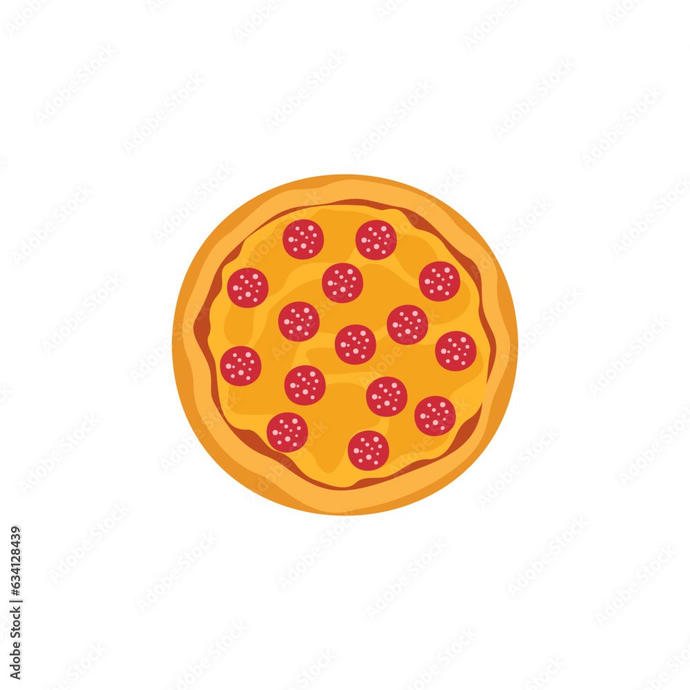 Fresh pizza with tomato, cheese, olive, sausage, onion, basil. Traditional italian fast food. Top view meal. European snack. Isolated white background. Vector illustration